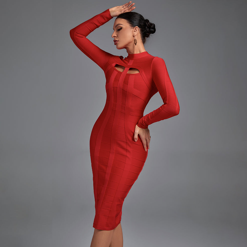 High Neck Long Sleeve Cut Out Over Knee Bandage Dress