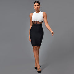 Round Neck Sleeveless Mesh Midi Bandage Dress