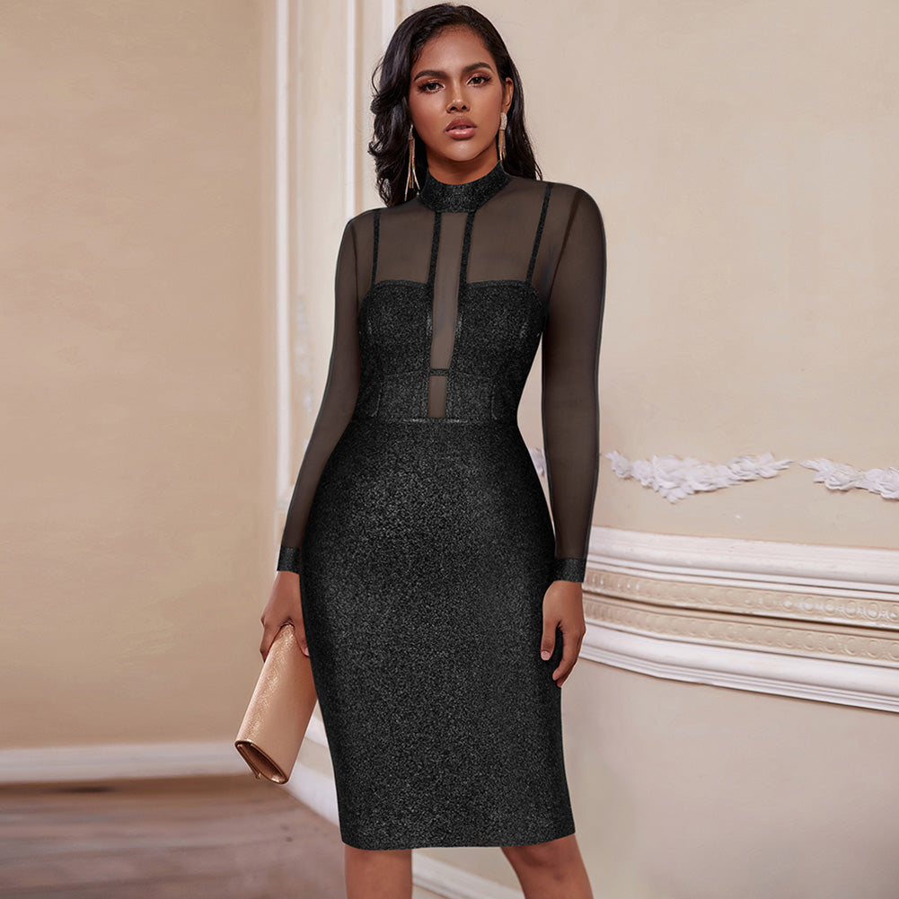 High Neck Long Sleeve Mesh Midi Bandage Dress