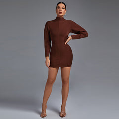 High Neck Long Sleeve Striped Mini Bandage Dress