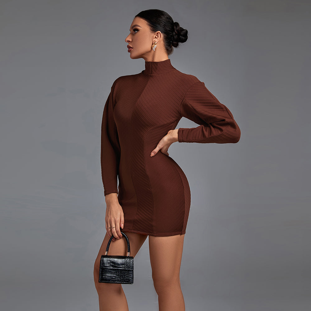 High Neck Long Sleeve Striped Mini Bandage Dress