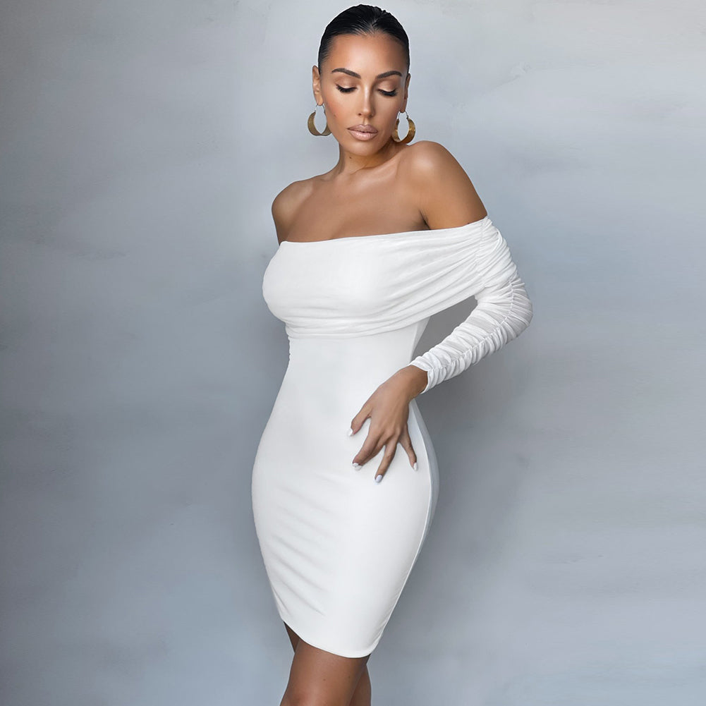 Off Shoulder Long Sleeve Frill Mini Bandage Dress