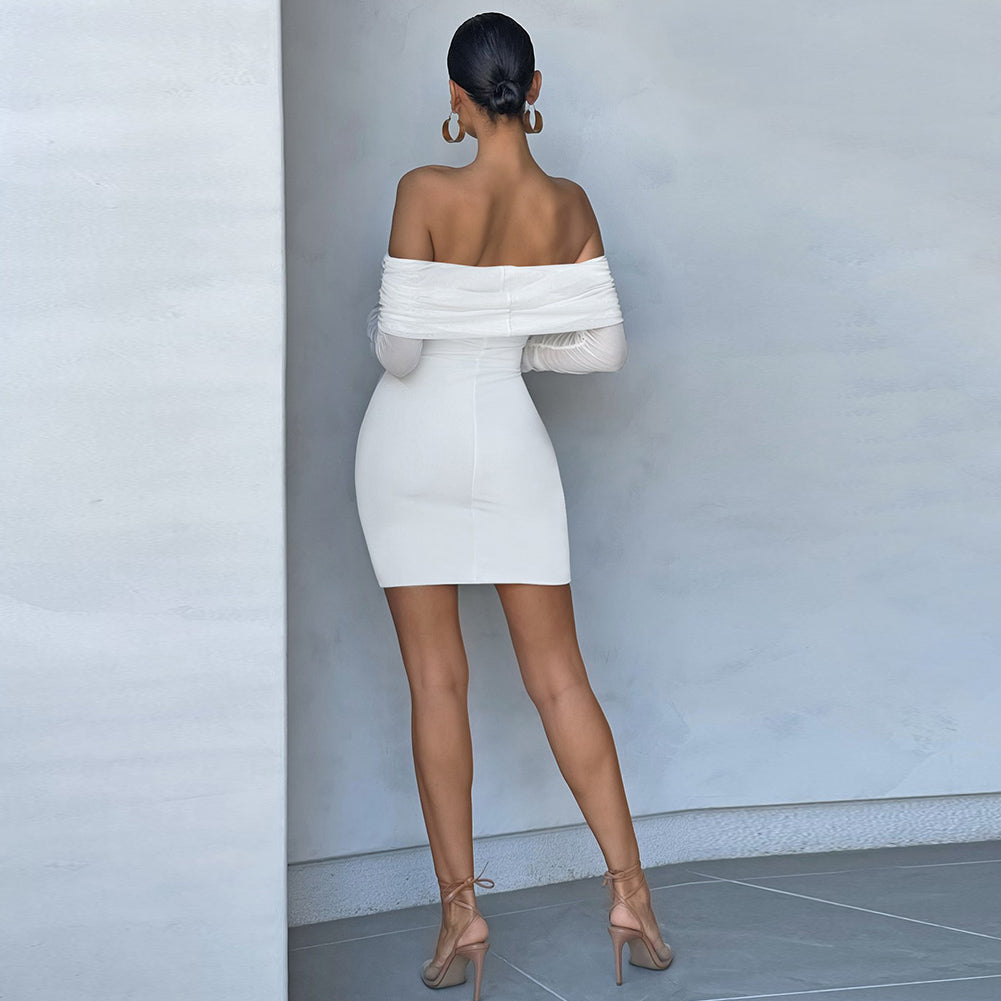 Off Shoulder Long Sleeve Frill Mini Bandage Dress