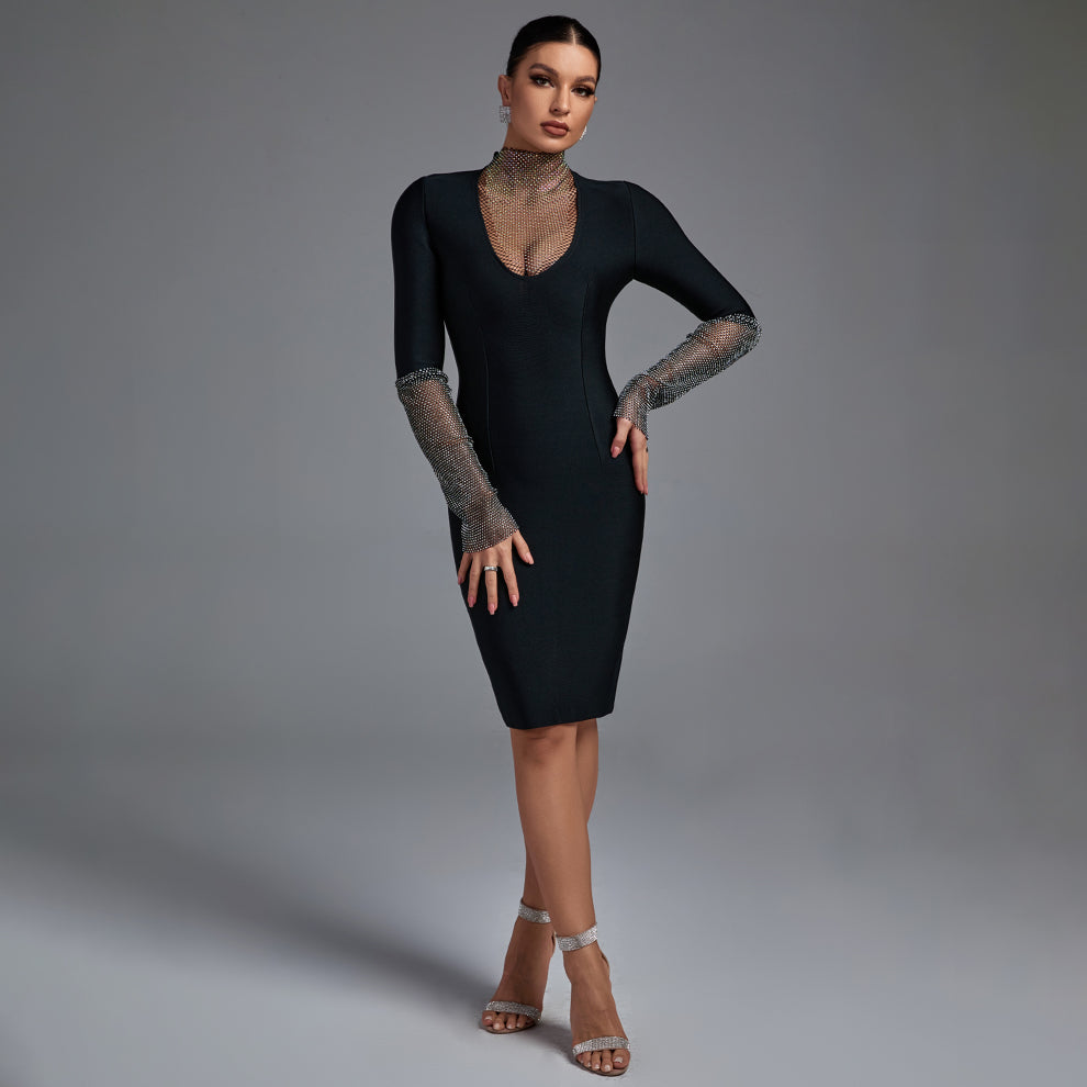 High Neck Long Sleeve Rhinestone Midi Bandage Dress