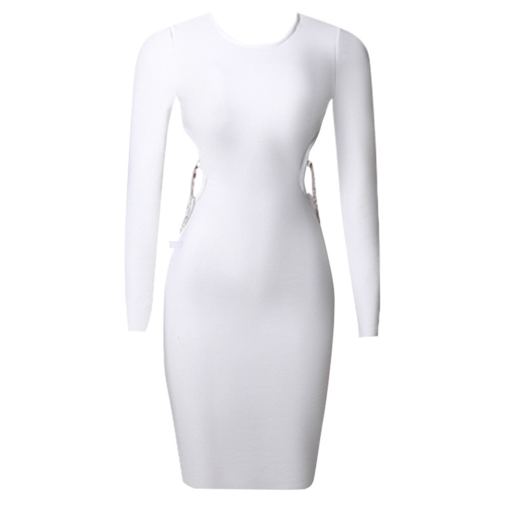 Round Neck Long Sleeve Hollow out Midi Bandage Dress