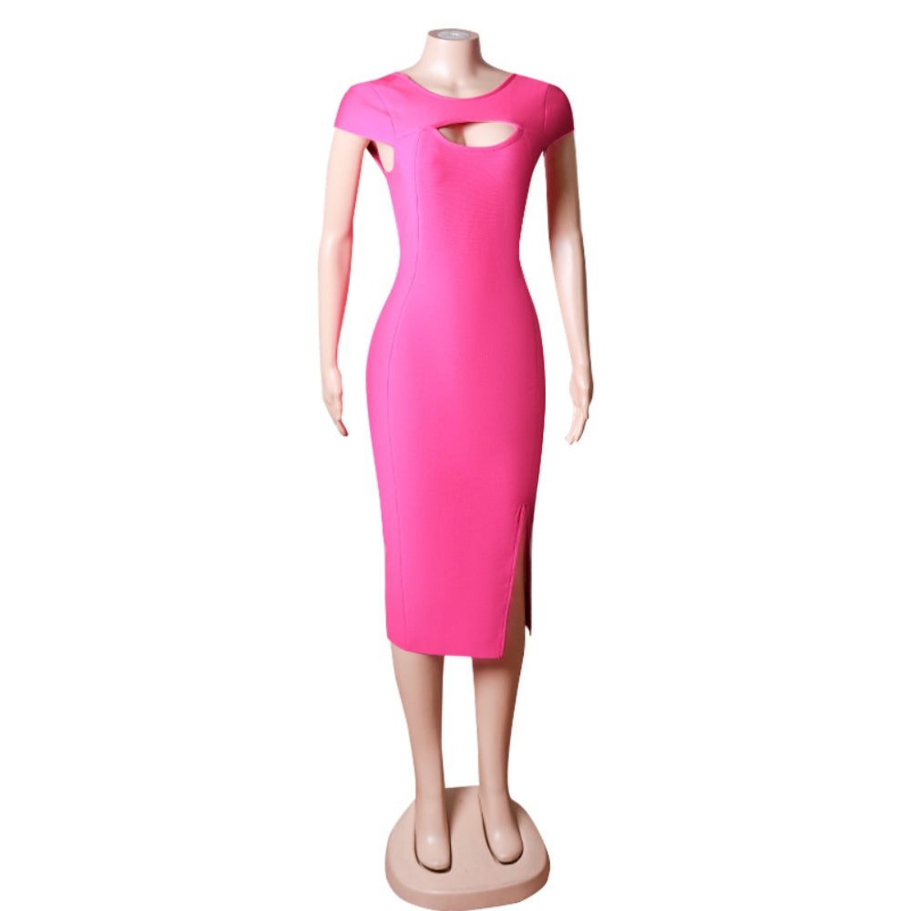 Round Neck Short Sleeve Drill Chain Midi Bandage Dress