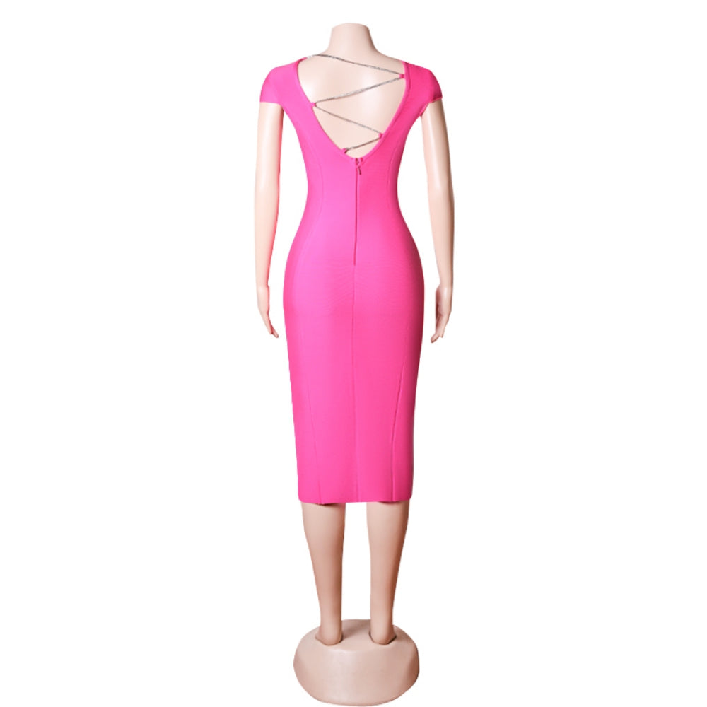 Round Neck Short Sleeve Drill Chain Midi Bandage Dress