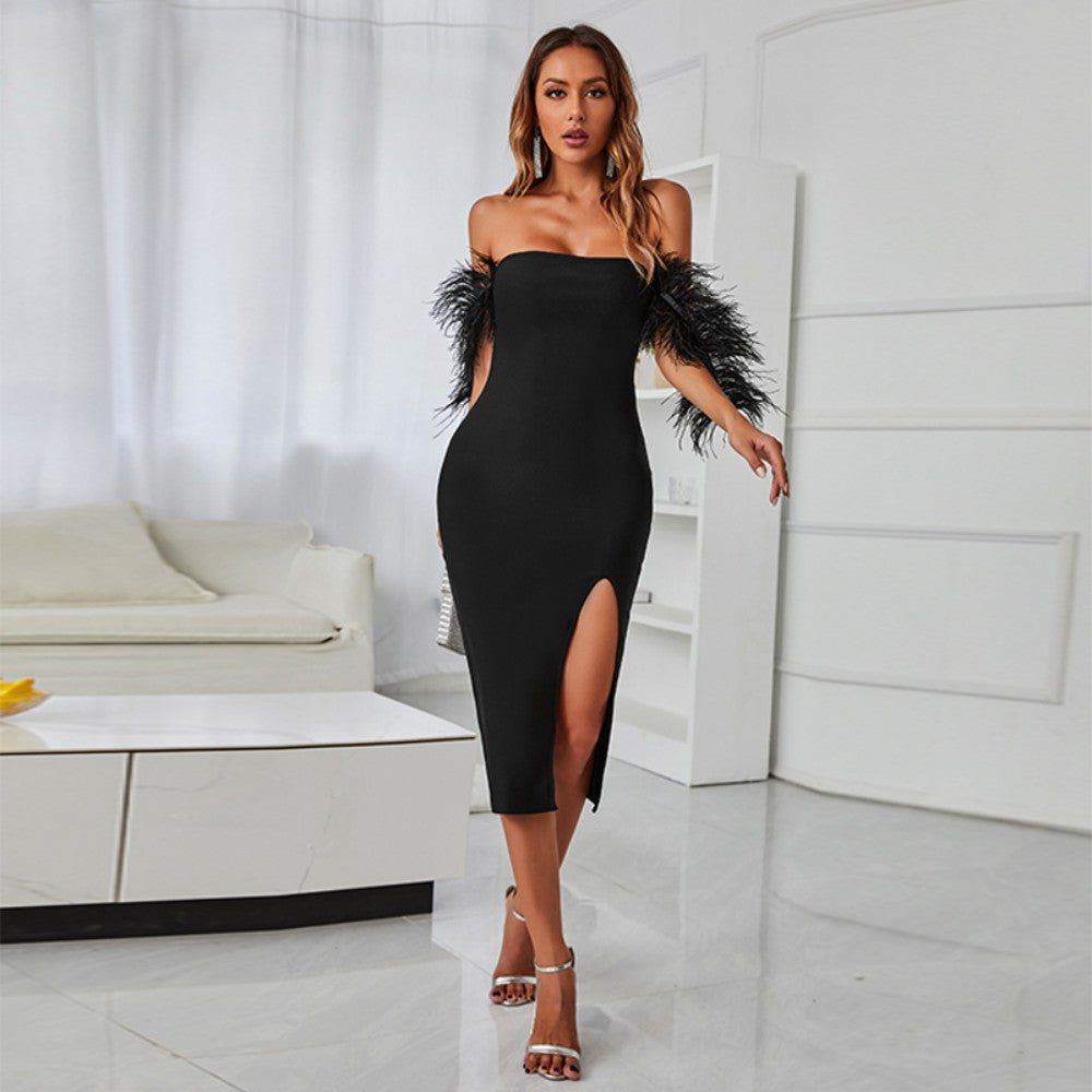 Off Shoulder Short Sleeve Midi Feather Bandage Dress