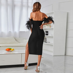 Off Shoulder Short Sleeve Midi Feather Bandage Dress