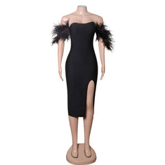 Off Shoulder Short Sleeve Midi Feather Bandage Dress