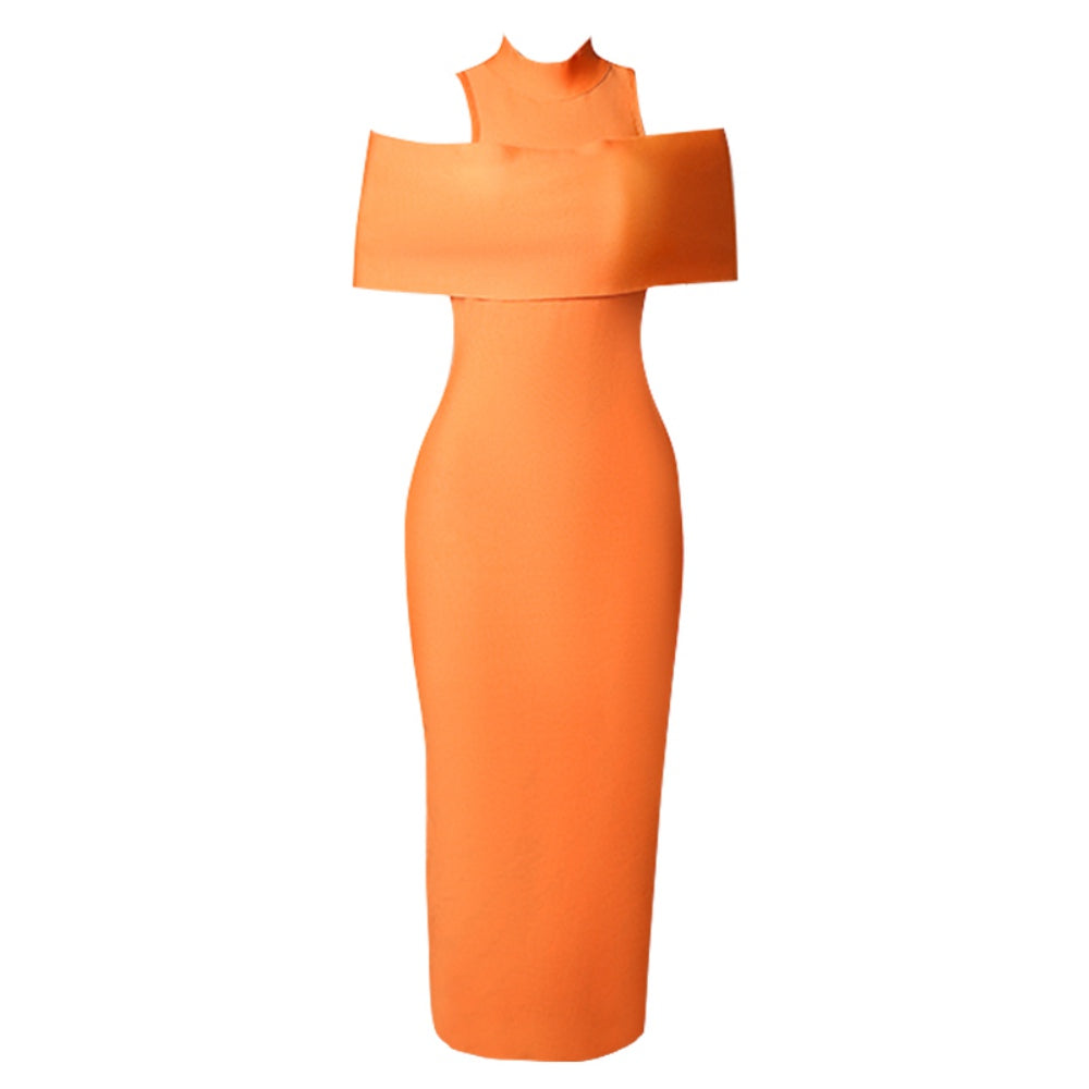 Orange High Neck Short Sleeve Midi Cut Out Bandage Dress