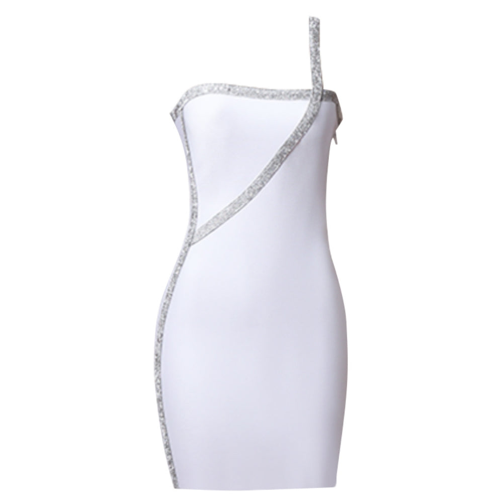 One Shoulder Sleeveless Mini Diamente Embellished Bandage Dress