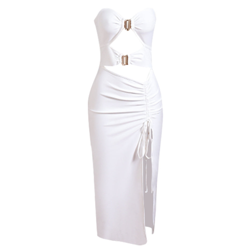 Strapless Sleeveless Midi Hollow out Bandage Dress