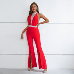 High Neck Sleeveless Shiny Bandage Jumpsuit