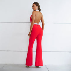 High Neck Sleeveless Shiny Bandage Jumpsuit