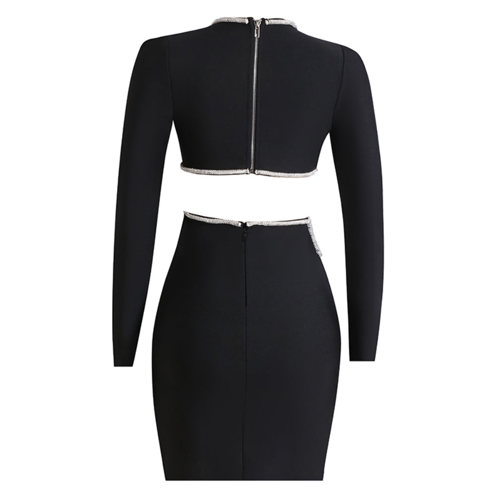 V Neck Long Sleeve Diamente Embellished Mini Bandage Dress