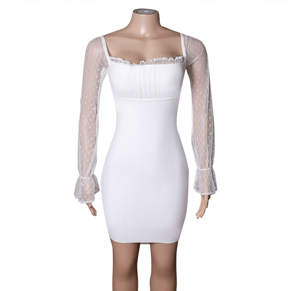 Square Collar Long Sleeve Tie Mini Bandage Dress