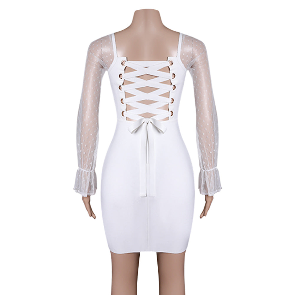 Square Collar Long Sleeve Tie Mini Bandage Dress