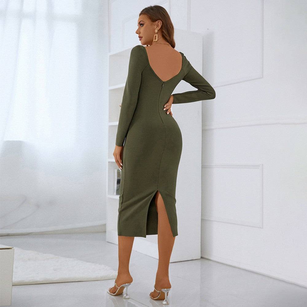 Square Collar Long Sleeve Midi Plain Bandage Dress