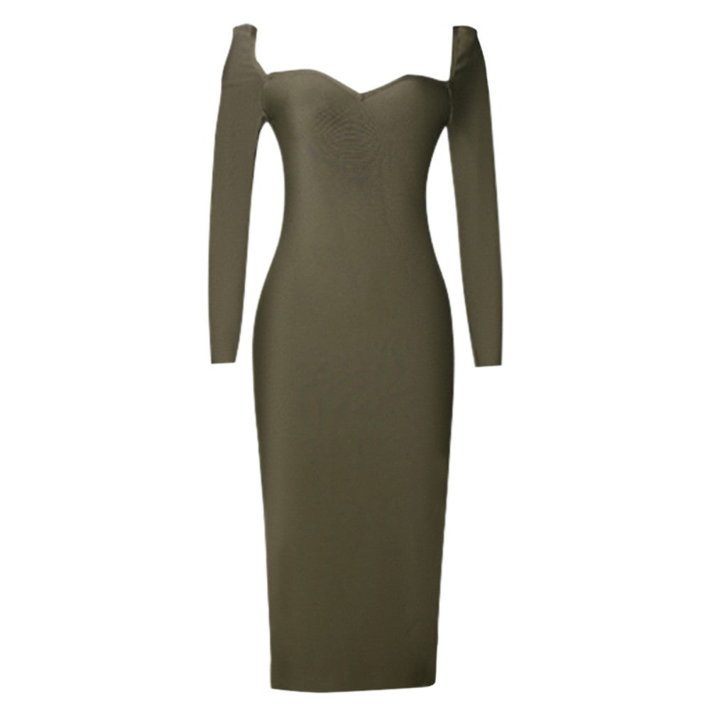 Square Collar Long Sleeve Midi Plain Bandage Dress