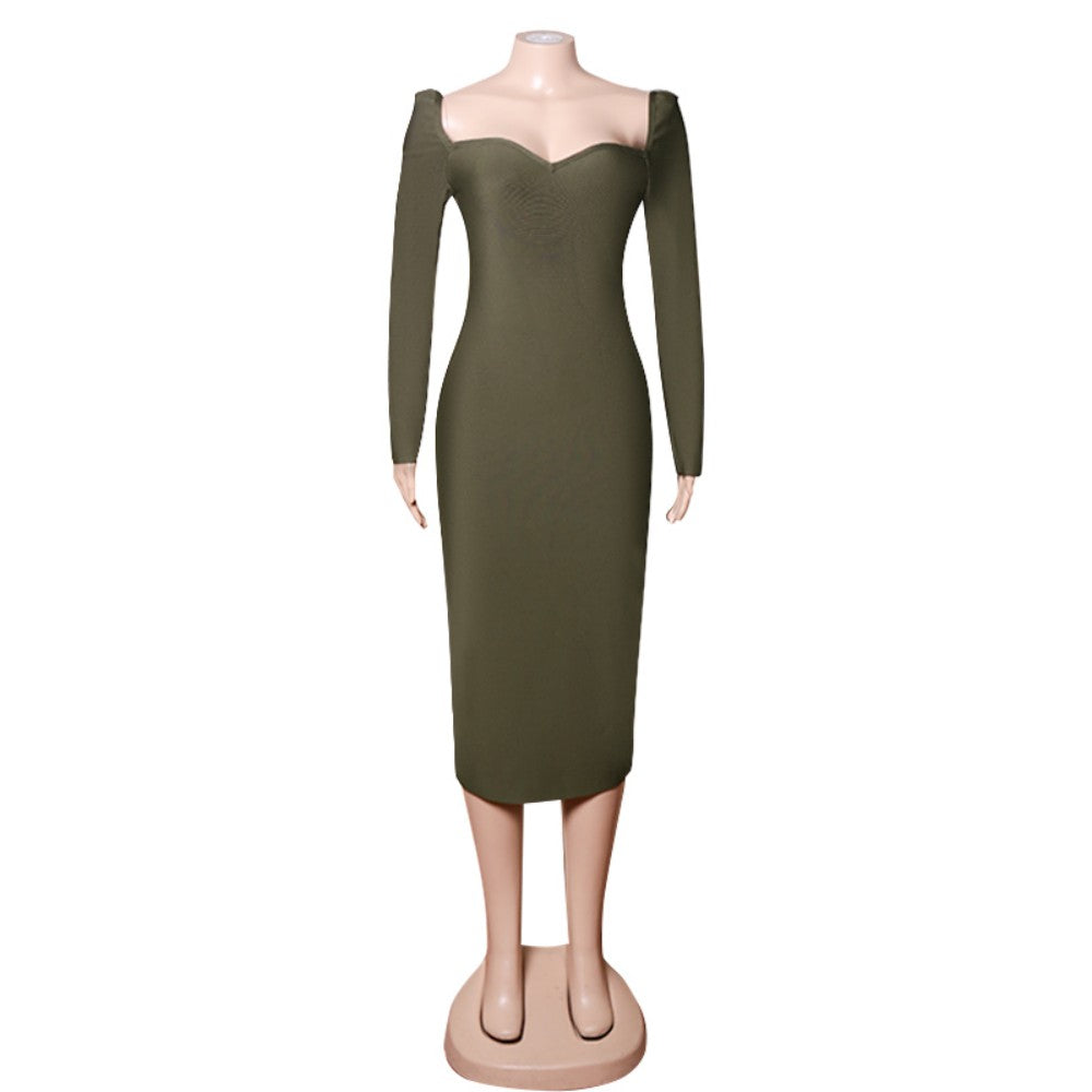 Square Collar Long Sleeve Midi Plain Bandage Dress