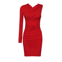 Round Neck Long Sleeve Asymmetrical Mini Bodycon Dress