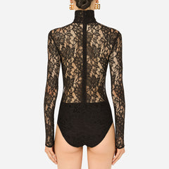 High Neck Long Sleeve Lace Bodycon Bodysuit