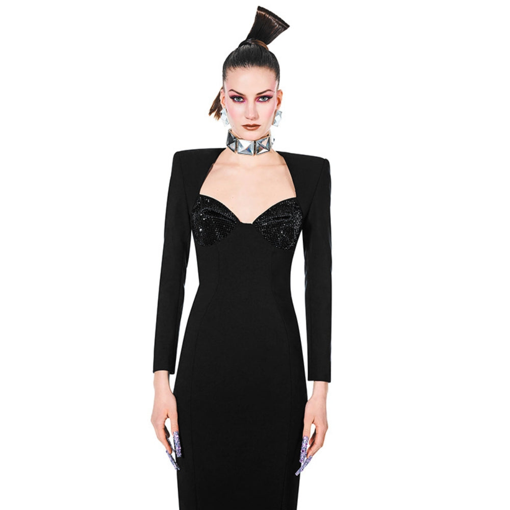 Square Collar Long Sleeve Maxi Nail Bead Bodycon Dress