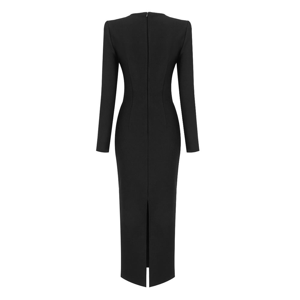 Square Collar Long Sleeve Maxi Nail Bead Bodycon Dress