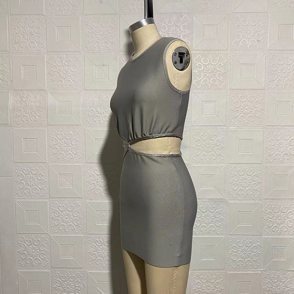 Round Neck Sleeveless Exposed Waist Mini Bandage Dress