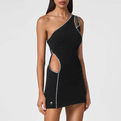 One Shoulder Sleeveless Diamente Embellished Mini Bandage Dress