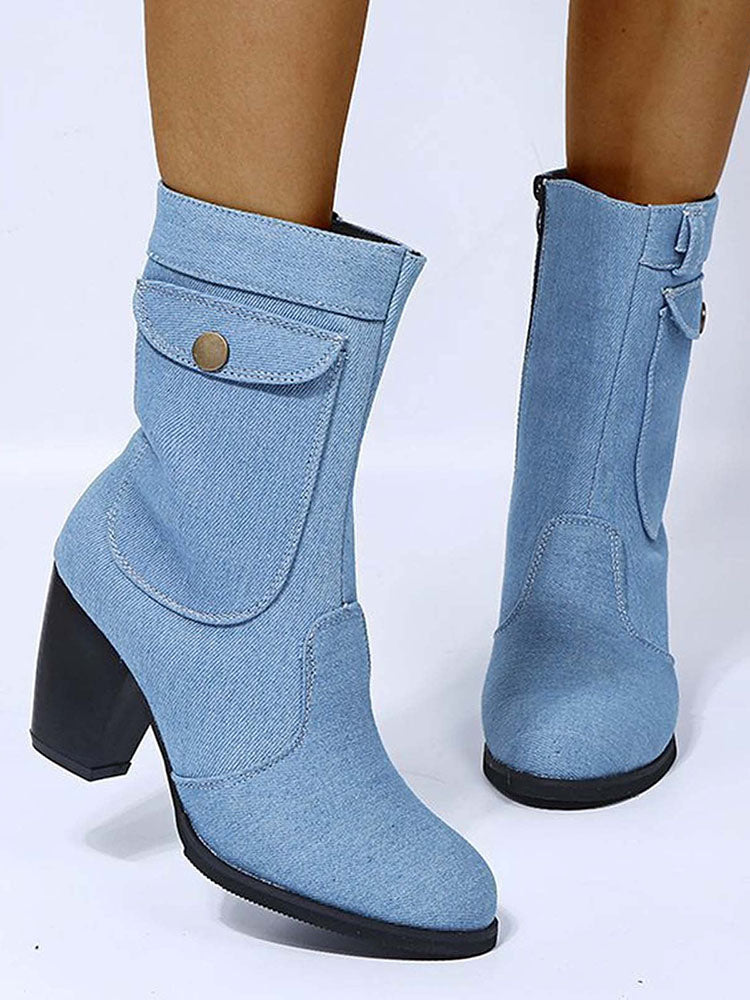 Denim Chunky Heel Boots â zierashop