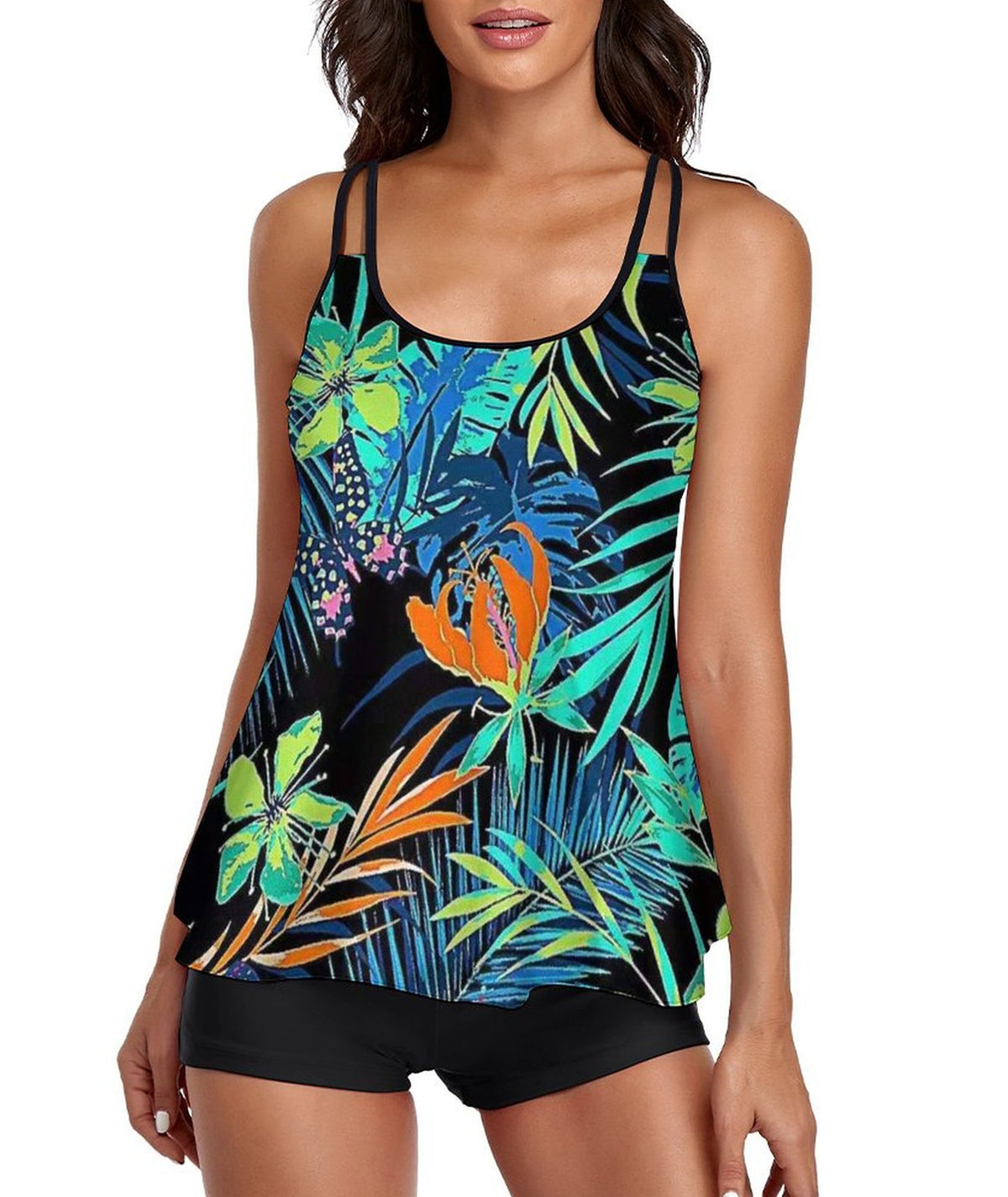Traje de baño de dos piezas con tankini verde tropical y pantalones cortos 