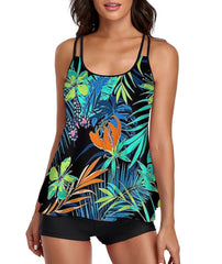 Traje de baño de dos piezas con tankini verde tropical y pantalones cortos 