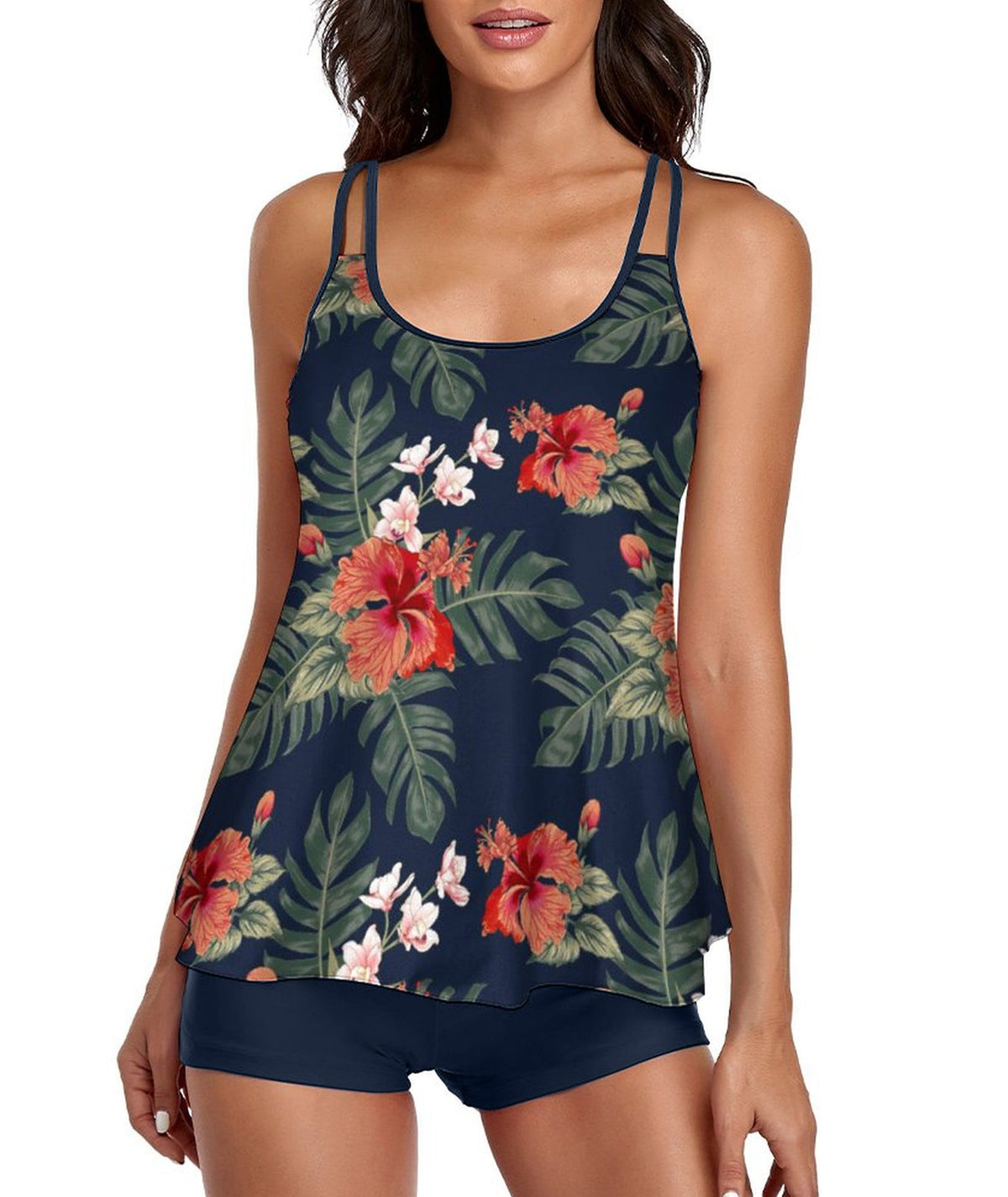 Trajes de baño de dos piezas con tankini tropical azul marino y pantalones cortos 