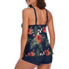 Trajes de baño de dos piezas con tankini tropical azul marino y pantalones cortos 