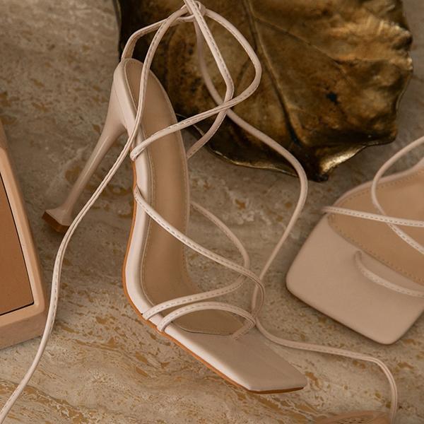 Around-The-Ankle Lace-Up Closure Open Squared Toe Heels