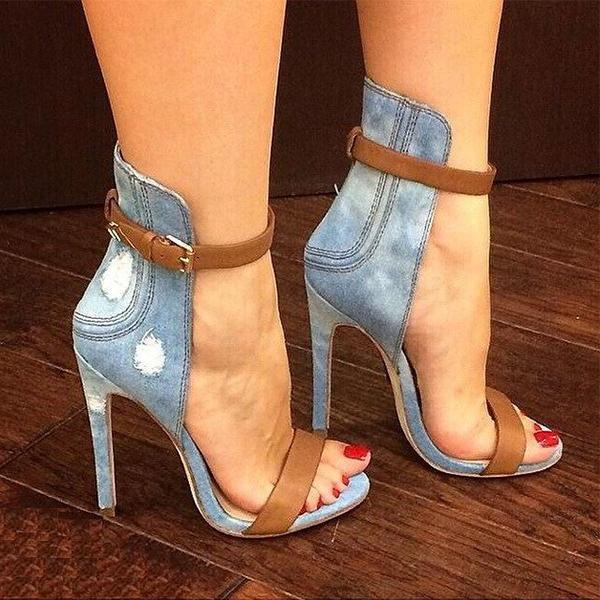 Denim Cloth Open-Toe Ankle Strap Stiletto Heels