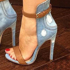 Denim Cloth Open-Toe Ankle Strap Stiletto Heels