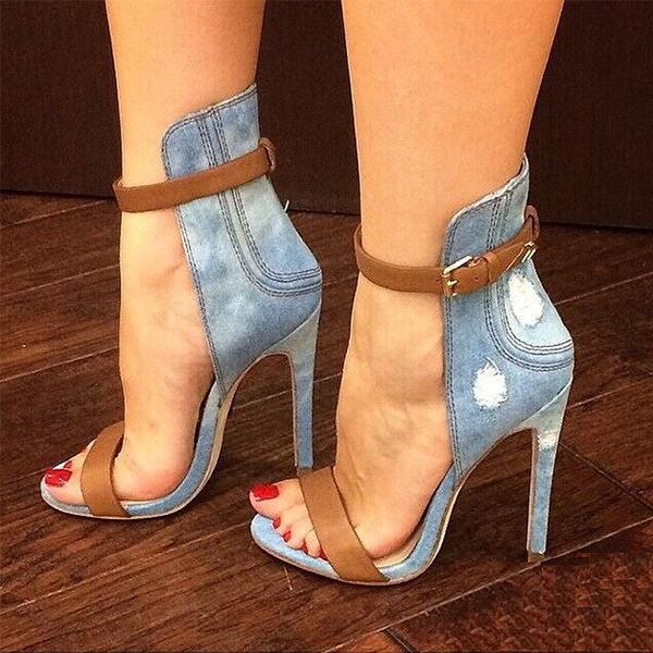 Denim Cloth Open-Toe Ankle Strap Stiletto Heels