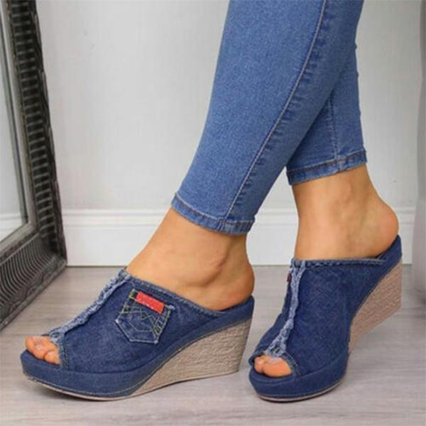 Cute Denim Peep Toe Wedge Sandals