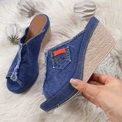 Cute Denim Peep Toe Wedge Sandals