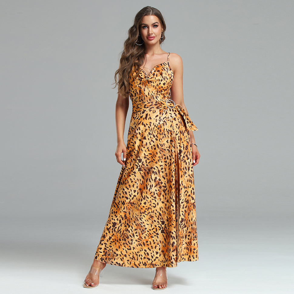 Strappy Leopard Print Maxi Dress With Belt