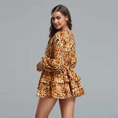 V Neck Leopard Print Mini Ruffle Dress