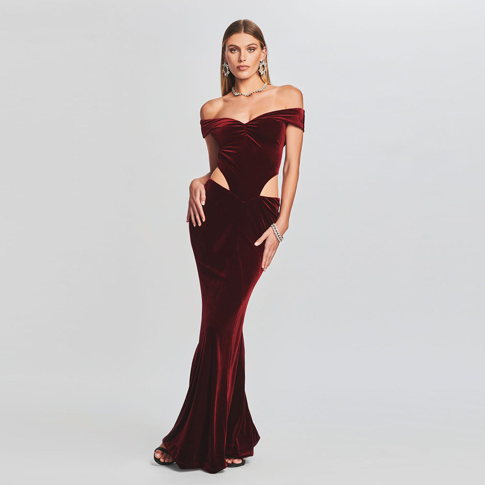 Off Shoulder Exposed Waist Bodycon Maxi Dress