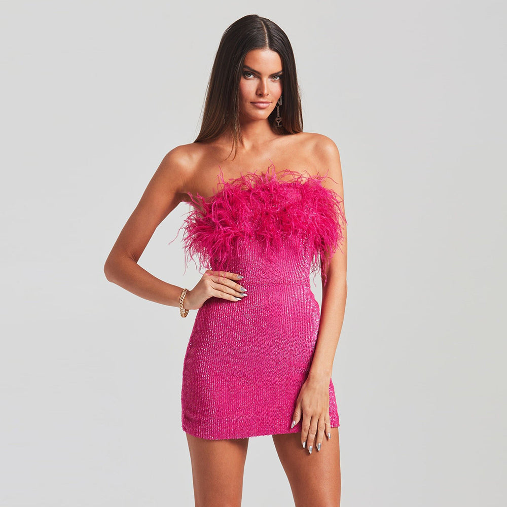 Strapless Sleeveless Mini Feather Bodycon Dress