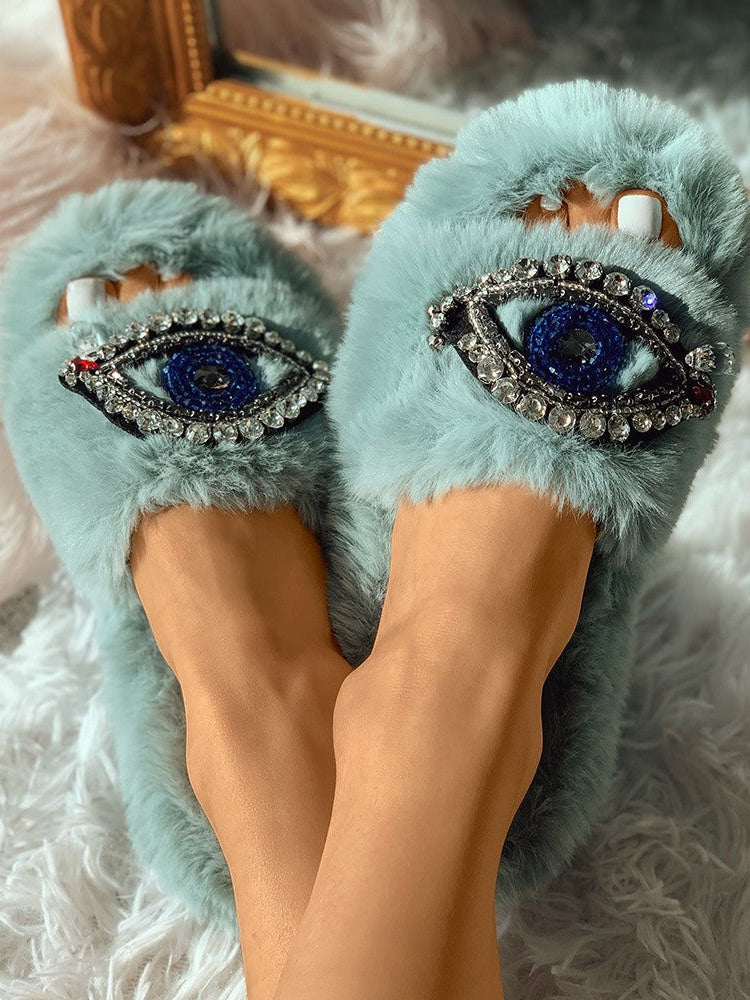 Evil Eye Rhinestone Fluffy Slides