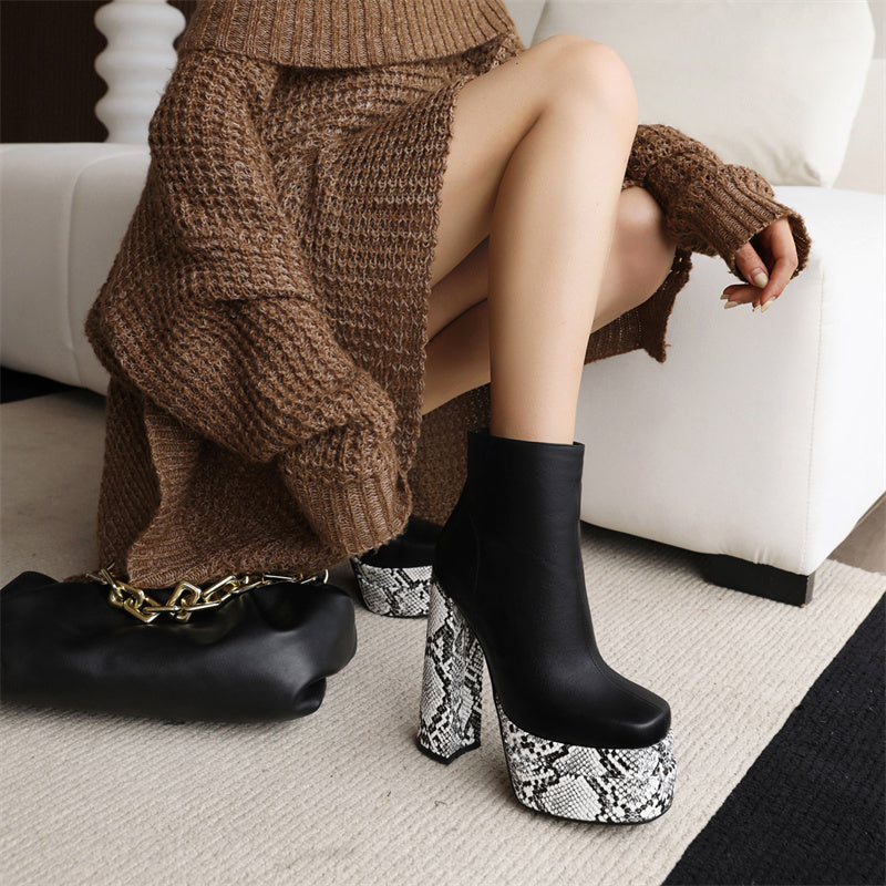 Gray Snake Print Black and White Boots