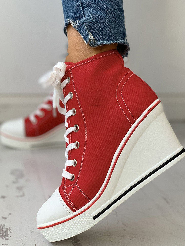 Lace-Up Thick Soled Heel Canvas Sneakers