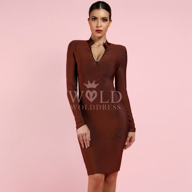 Round Neck Long Sleeve Zip-Front Mini Bandage Dress HF139